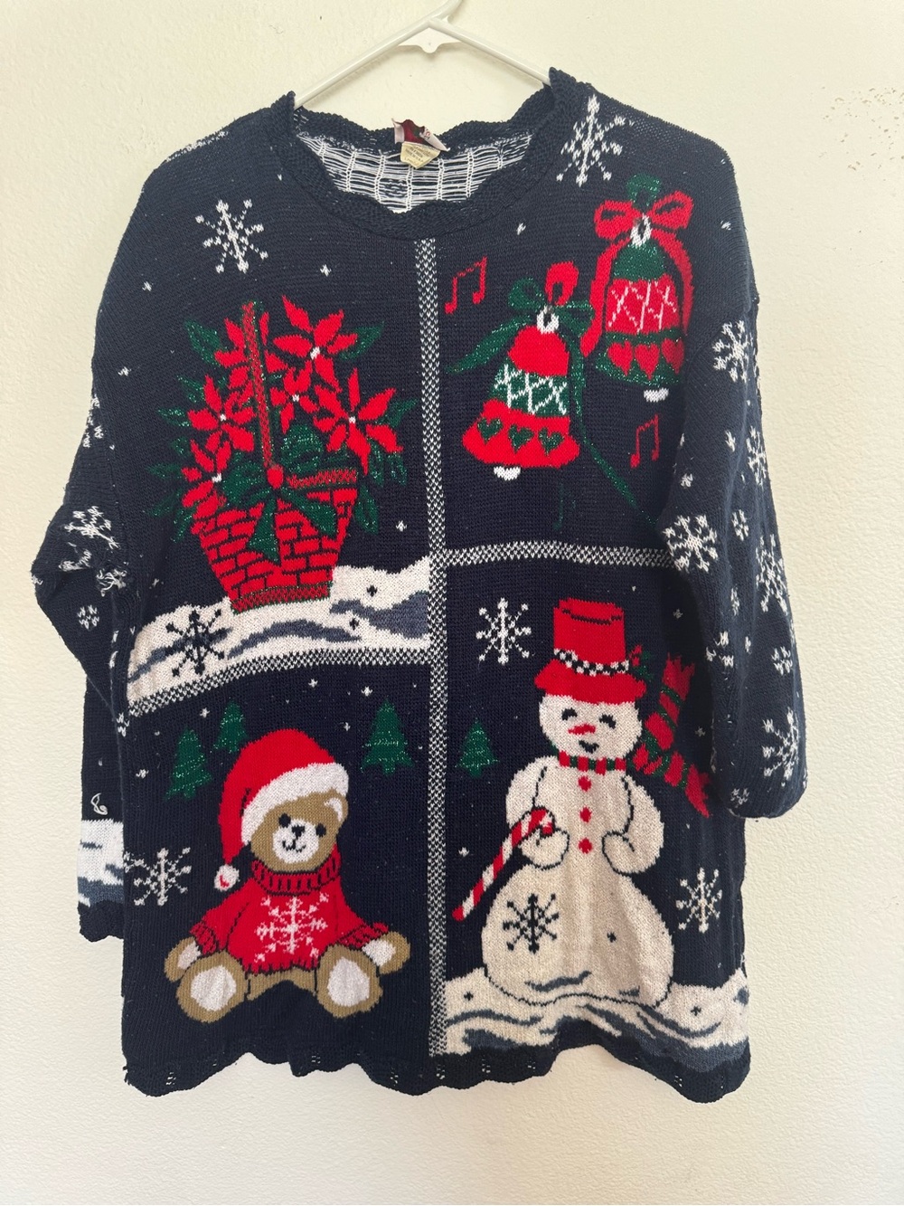 Navy Holiday Crewneck Sweater with Festive Teddy & Snowman
